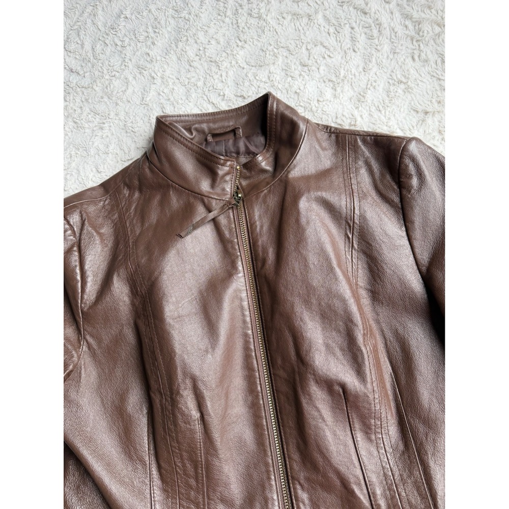 Newport News Leather Moto Jacket Brown Zip Front Vintage Y2K Convertible S - Picture 9 of 17